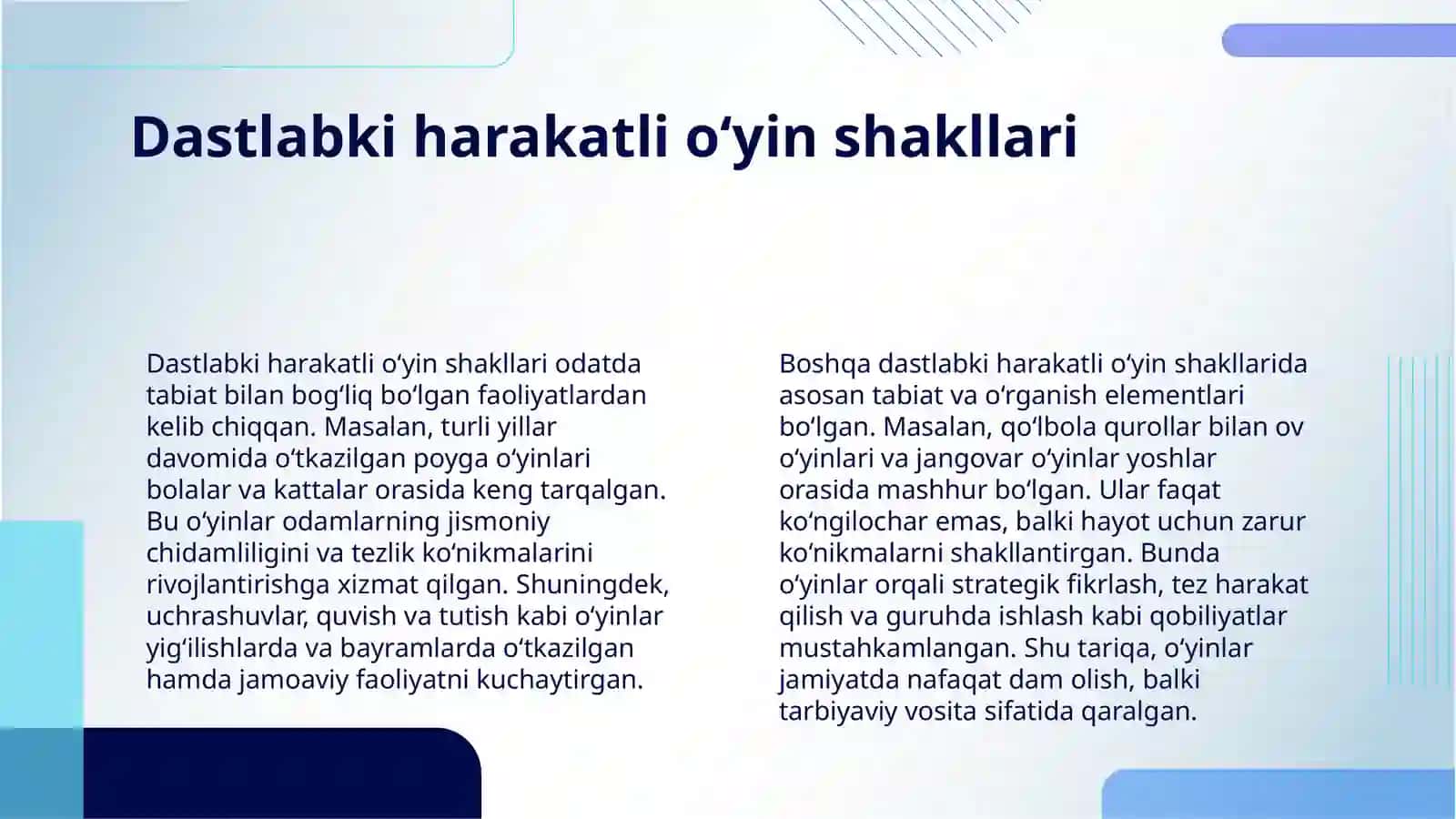 HARAKATLI O‘YINLAR TARIXI VA QISQACHA TUSHUNCHA, TURKUMLARI, RIVOJLANISH BOSQICHLARI VA PEDAGOGIK AHAMIYATI 4