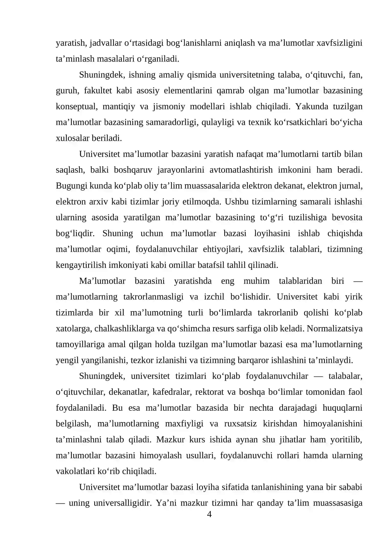 Universitet ma’lumotlar bazasining nazariy asoslari va amaliy ishlab chiqish 4