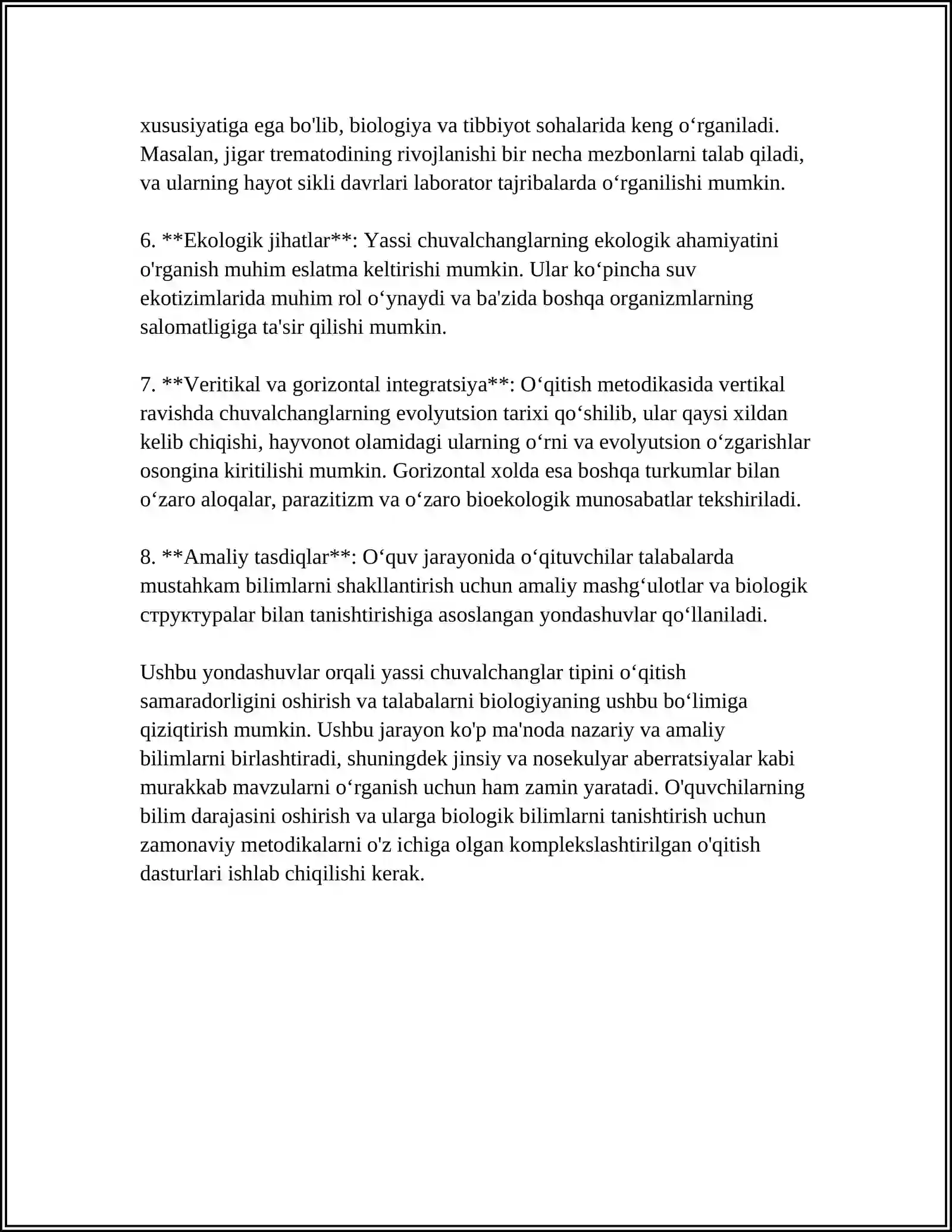 TABIATSHUNOSLIK FANIDA ZOOLOGIYA OQITISH METODIKASI XUSUSIY MASALALARI: JUMLADAN, YASSI, YUMALOQ, HALQALI CHUVALCHANGLAR TIPINI ORGANISH METODIKASI 4