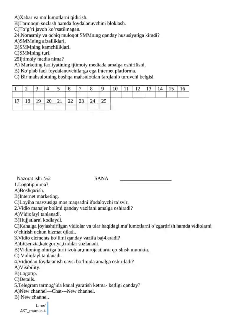 INFORMATIKA FANDAN NAZORAT ISHLARI DAFTARI 4