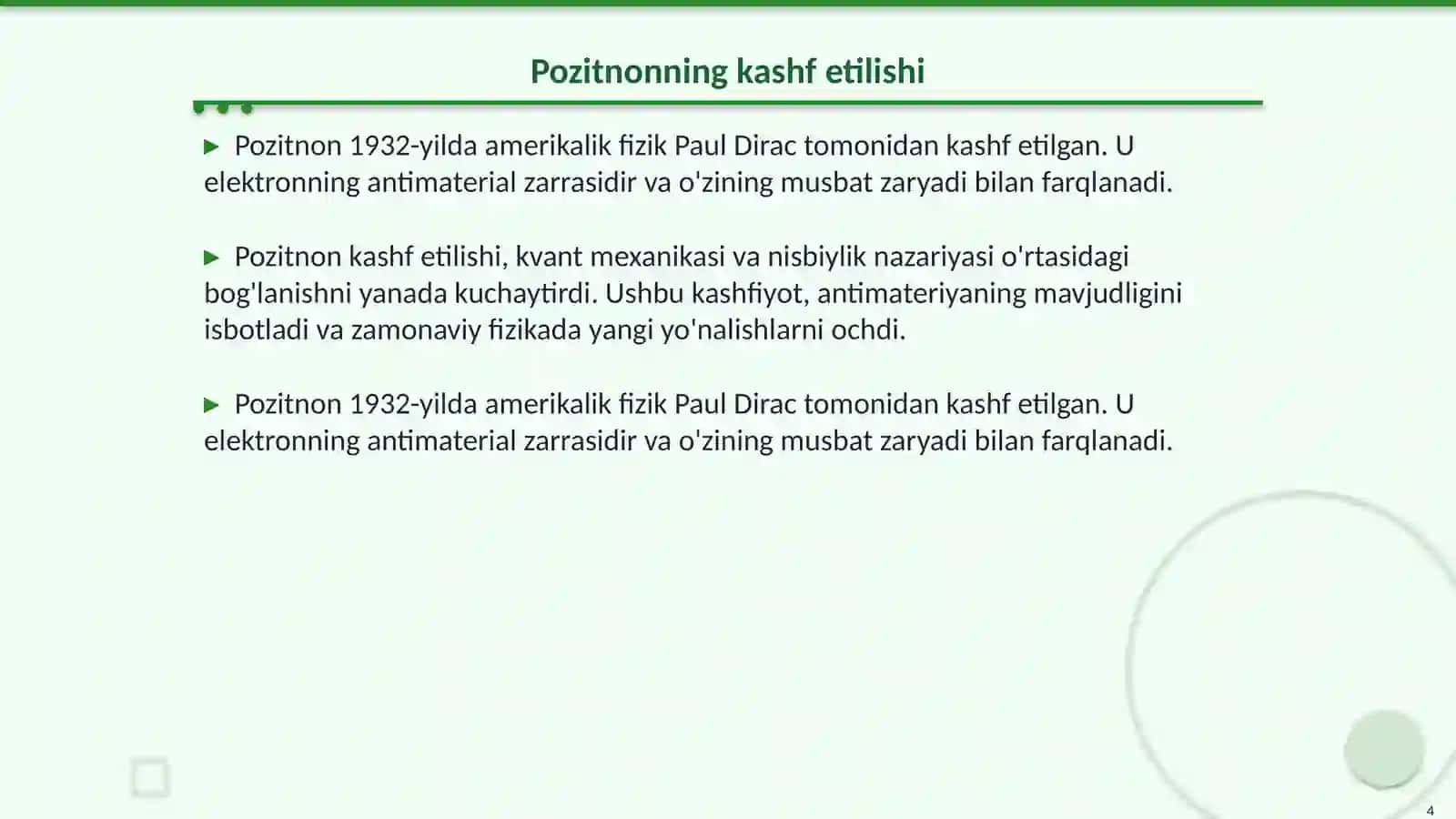 Elementar zarralar bogʻi.Pozitnonning kashf etilishi.Antizarralar. Elementar zarralarini xarakterlovchi kattaliklar.Oraliq bozonlar - kuchsiz oʻzaro taʼsirning tashuvchilari.Elementar zarralarning kvark modeli.Leptonlar.Barionlar.Glyuonlar.Kosmik nurlar haqida tushuncha.Olamning yagona fizik manzarasi 4
