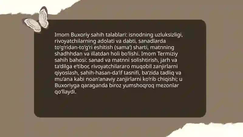 Imom Buxoriy va Imom Termiziyning hadis ilmiga qo'shgan hissalarini qiyoslash tahlili 4