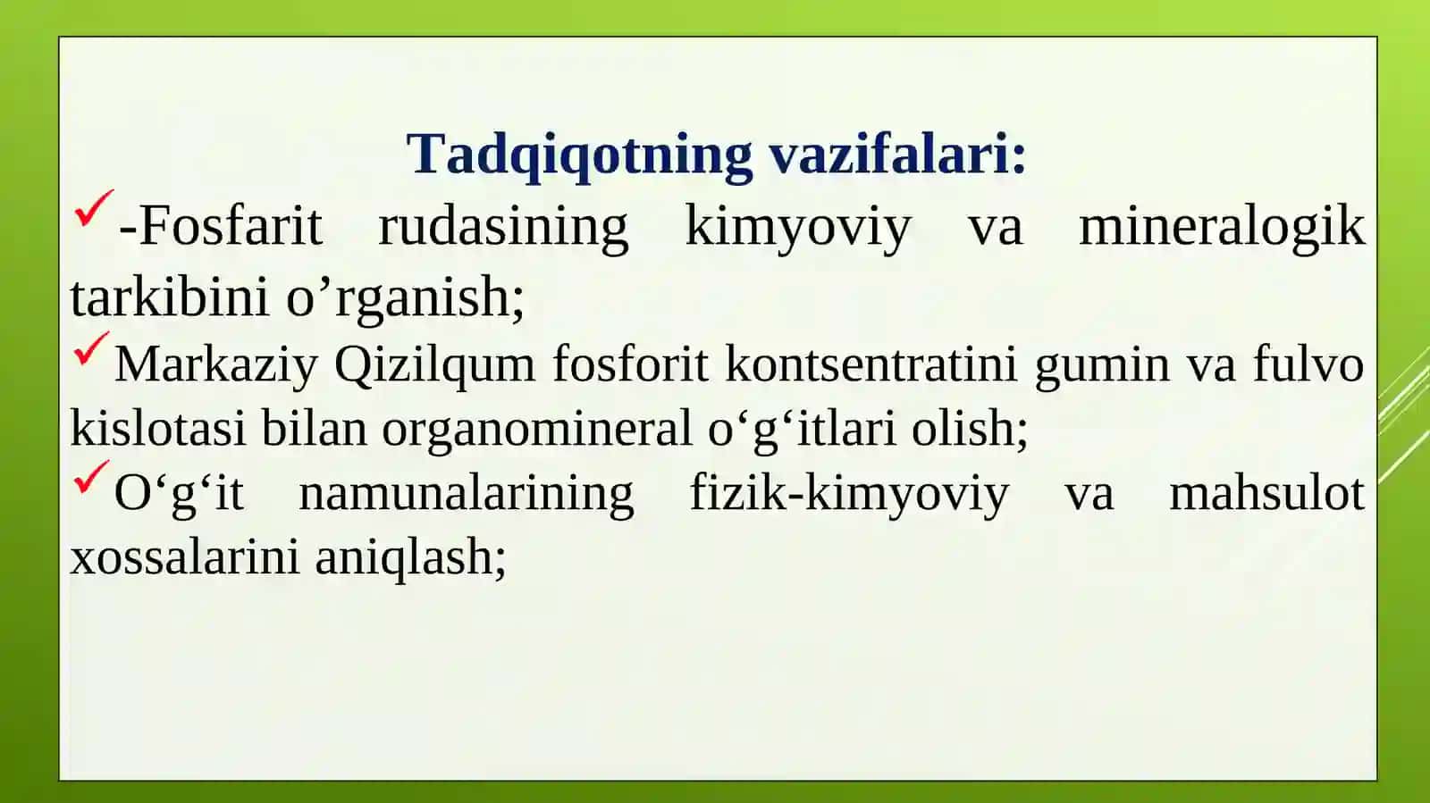 MARKAZIY QIZILQUM PAST NAVLI FOSFORITLARI ASOSIDA ORGANOMINERAL O’G’ITLAR OLISHNING ILMIY ASOSLARI 4