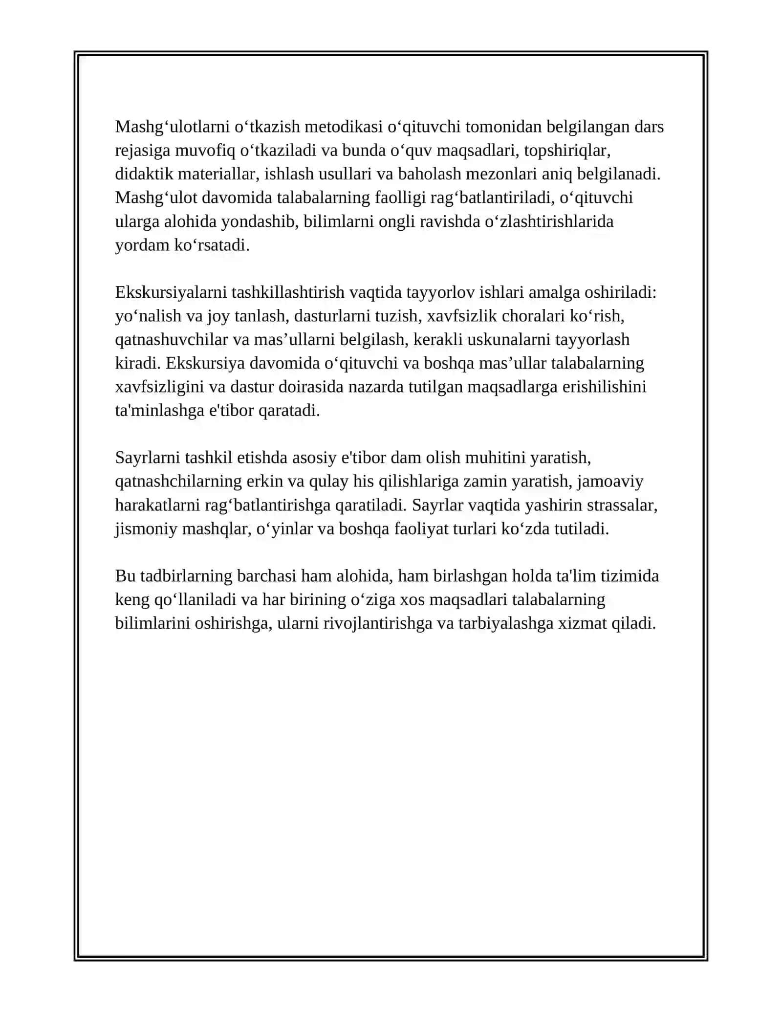 MASHG‘ULOT, EKSKURSIYA, SAYRLARNI TURLARI VA O‘TKAZISH METODIKASI 4