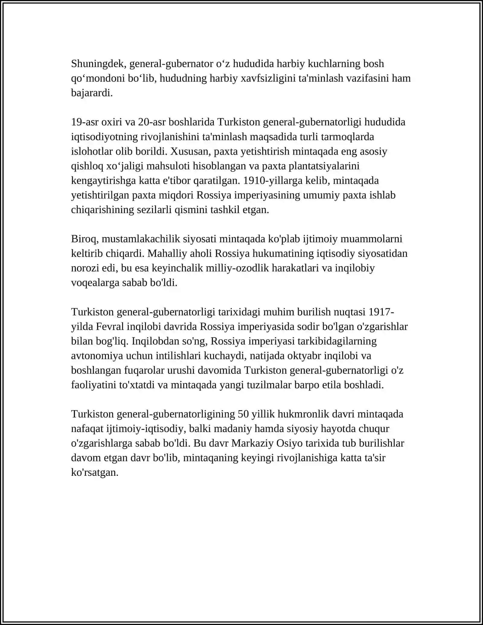 TURKISTON GENERAL GUBERNATORLIGI KANSELARIYASI MATERIALLARI. OʻRTA OSIYO TARIXIGA OID MANBA 4