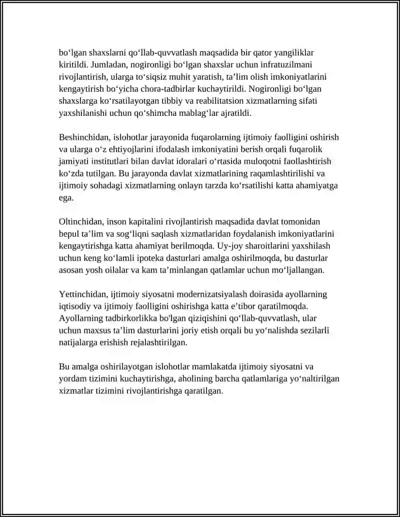 ÕZBEKISTONDA IJTIMOIY SOHADA AMALGA OSHIRILAYOTGAN ÔZGARISHLAR MAZMUN VA MOHIYATI 4
