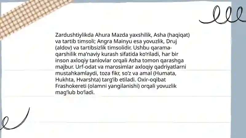Zardushtiylik taʼlimotida urf-odat marosimlar, maʼnaviy axloqiy qarashlar 4