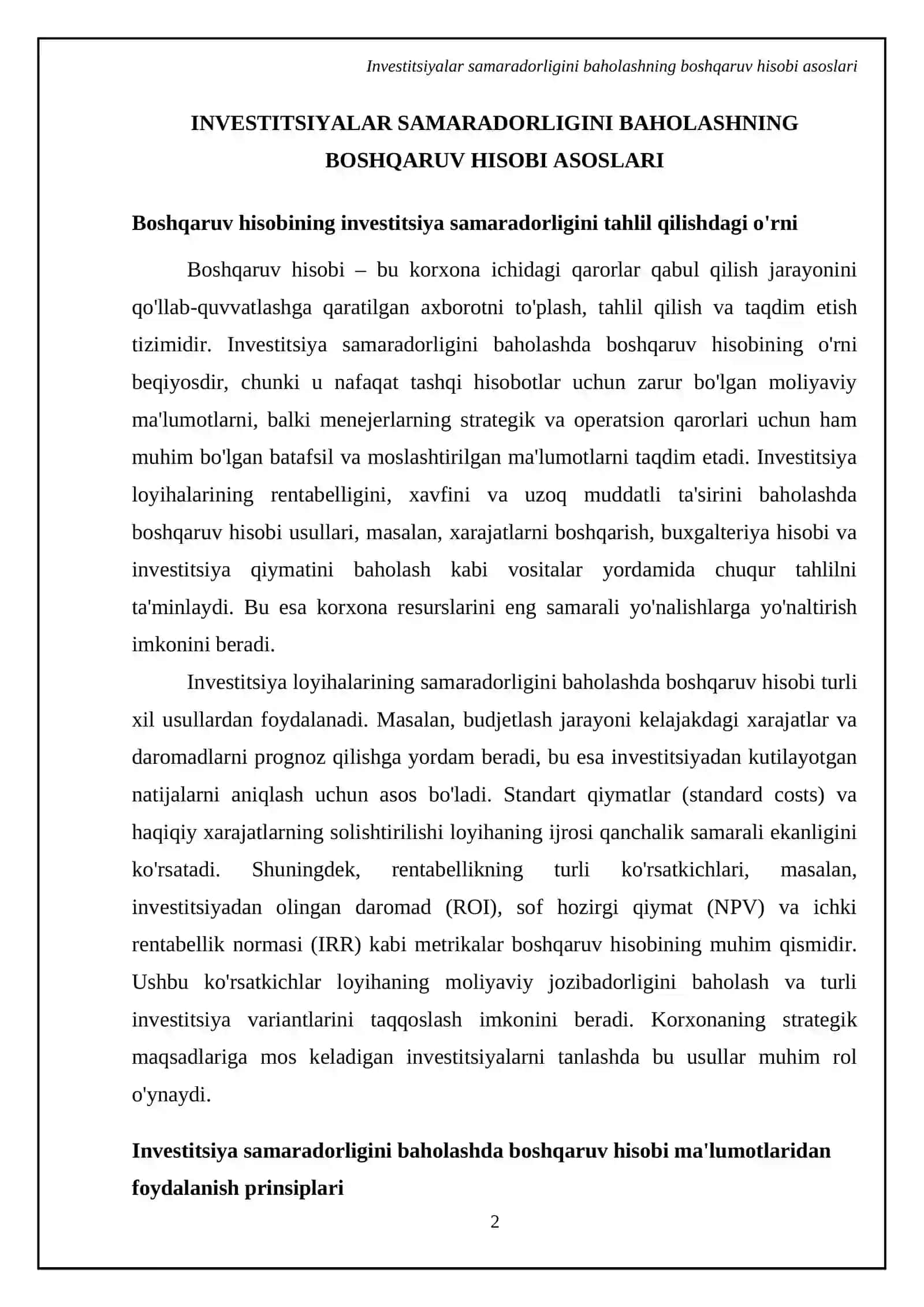 Boshqaruv hisobi usullaridan foydalangan holda investitsiyalar samaradorligini tahlil qilish 4