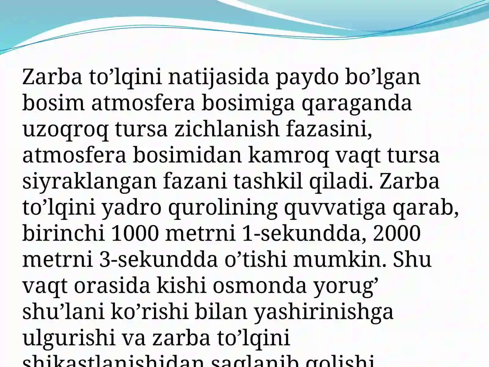 To’lqin zarbi. Jabrlanish zonalari tavsifi. Yorug’lik ajralishi. O’tuvchi nurlari 4