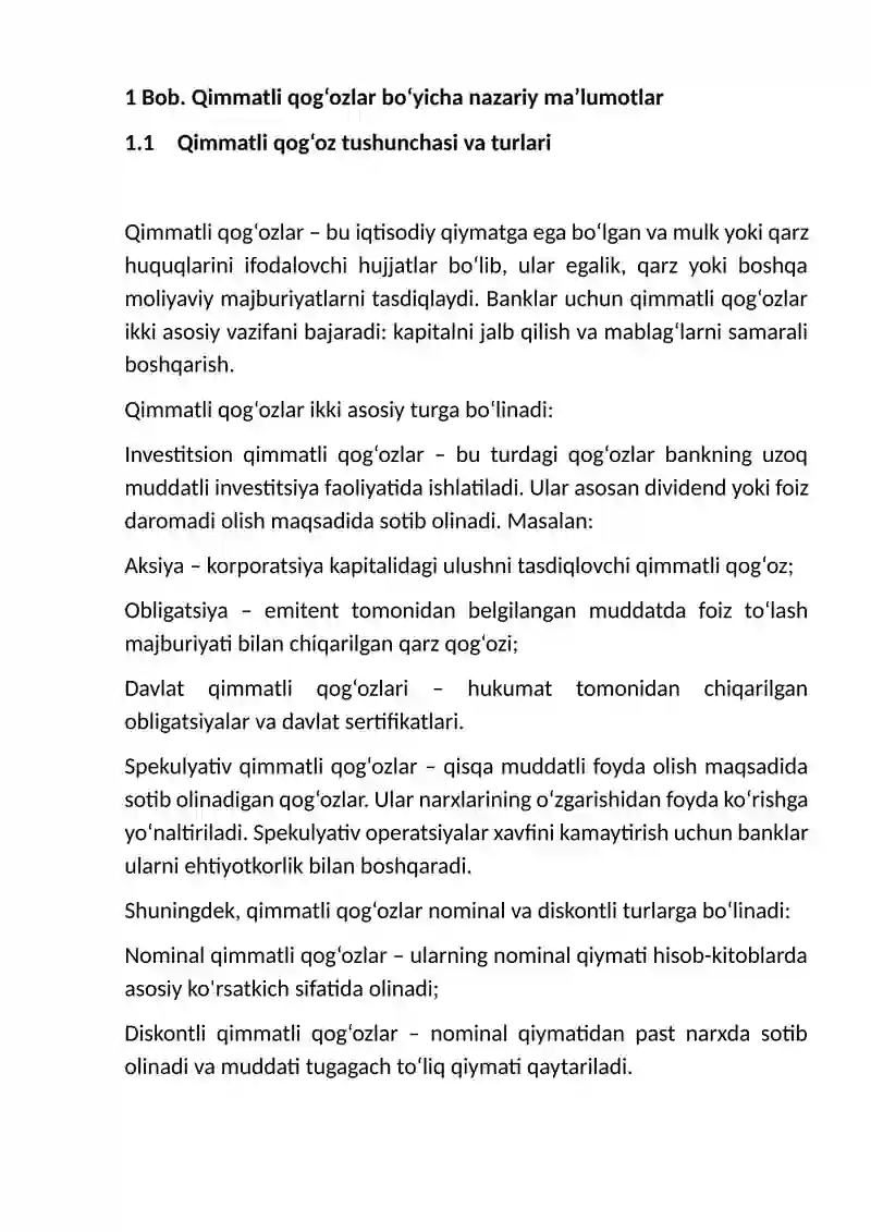 Banklarning qimmatli qog’ozlar bilan operatsiyalari tavsifi va hisobi 4