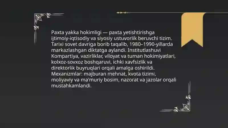 O'zbekistonda 80-90 yillarda ijtimoiy-siyosiy vaziyat; paxta yakka hokimligi va qatag'onchilik 4