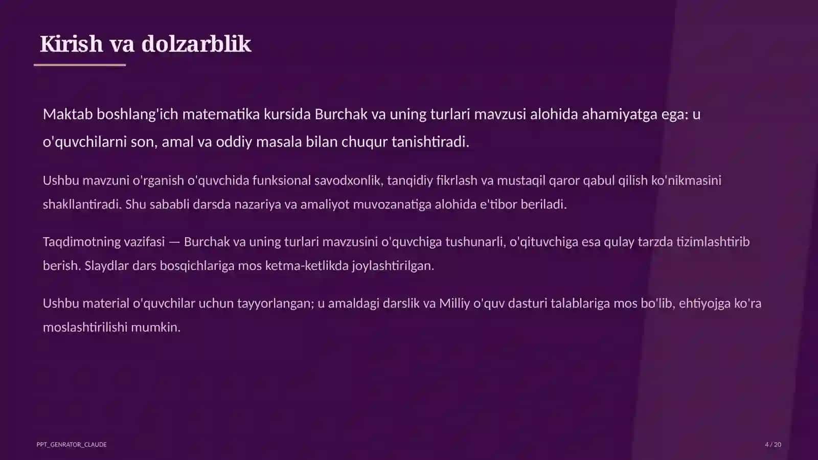 Burchak va uning turlari (4-sinf) 4