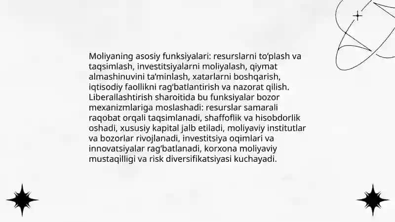Iqtisodiyotni liberallashtirish sharoitida xo'jalik yurituvchi sub'ektlar moliyasining mohiyati va funksiyalari 4