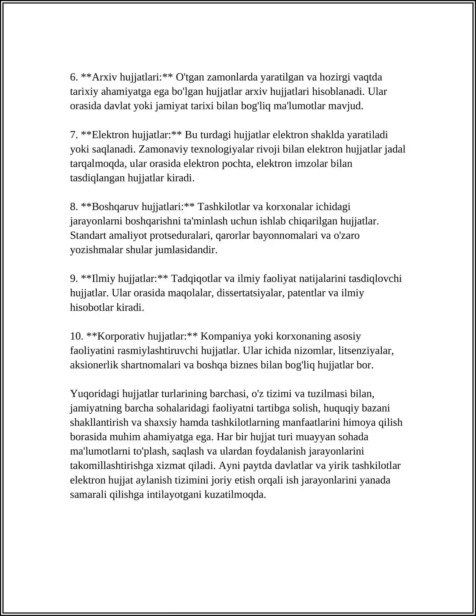 BIZNES-REJA TUZISHDA QO‘LLANILADIGAN HUJJATLARNING TURLARI VA MAZMUNI 4