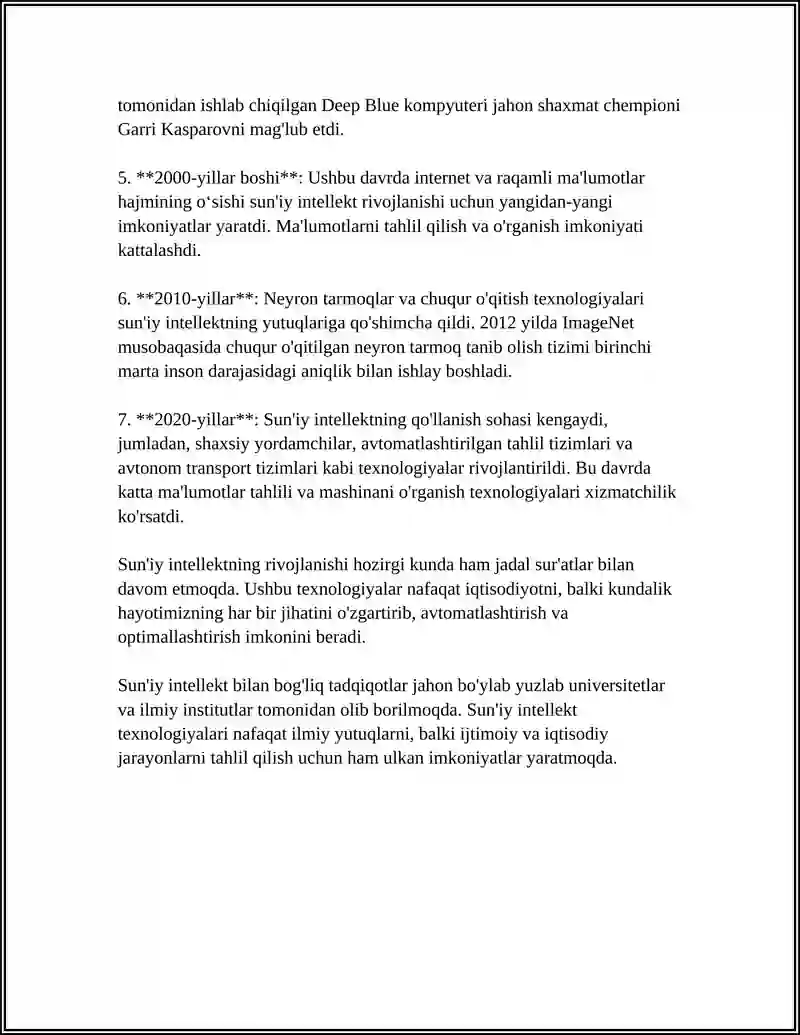 SUN‘IY INTELLEKT VA NEYRON TARMOQLARI.NEYRON TARMOQLARINING TURLARI VA ULARNING ISHLASH TAMOYILLARI.SUN‘IY NEYRON TARMOQLARI MODELI 4