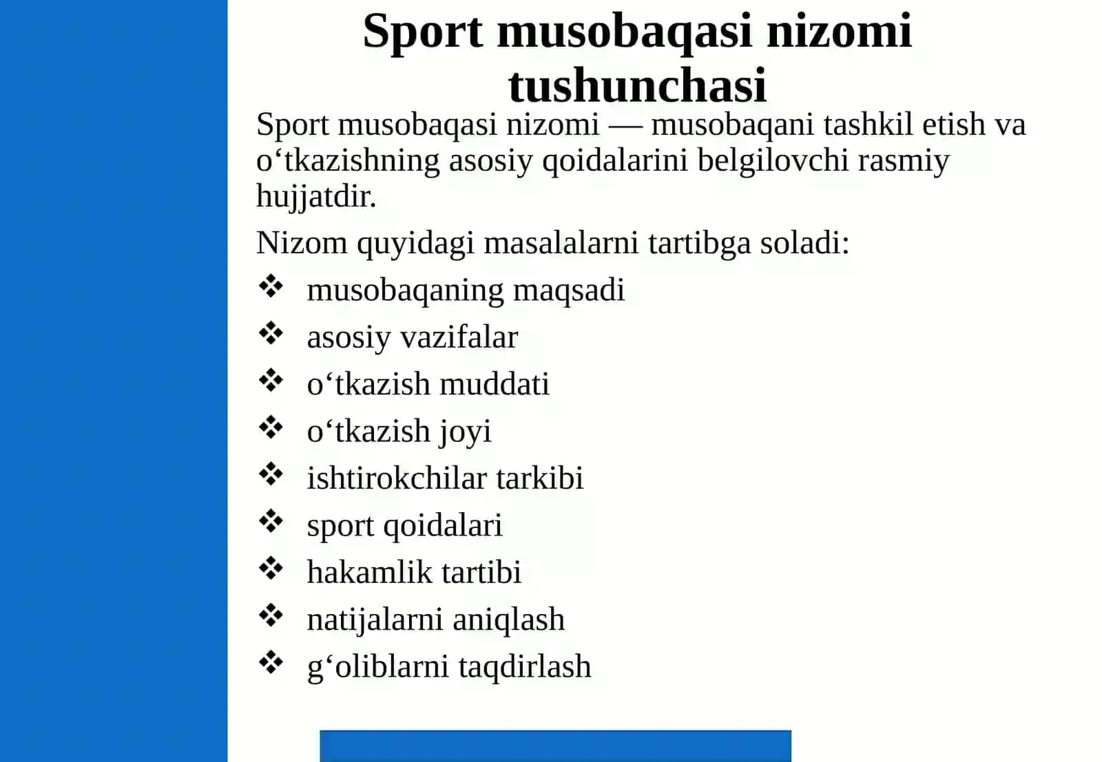 Sport musobaqalarida nizom tuzish va musobaqa dasturini ishlab chiqish. 4