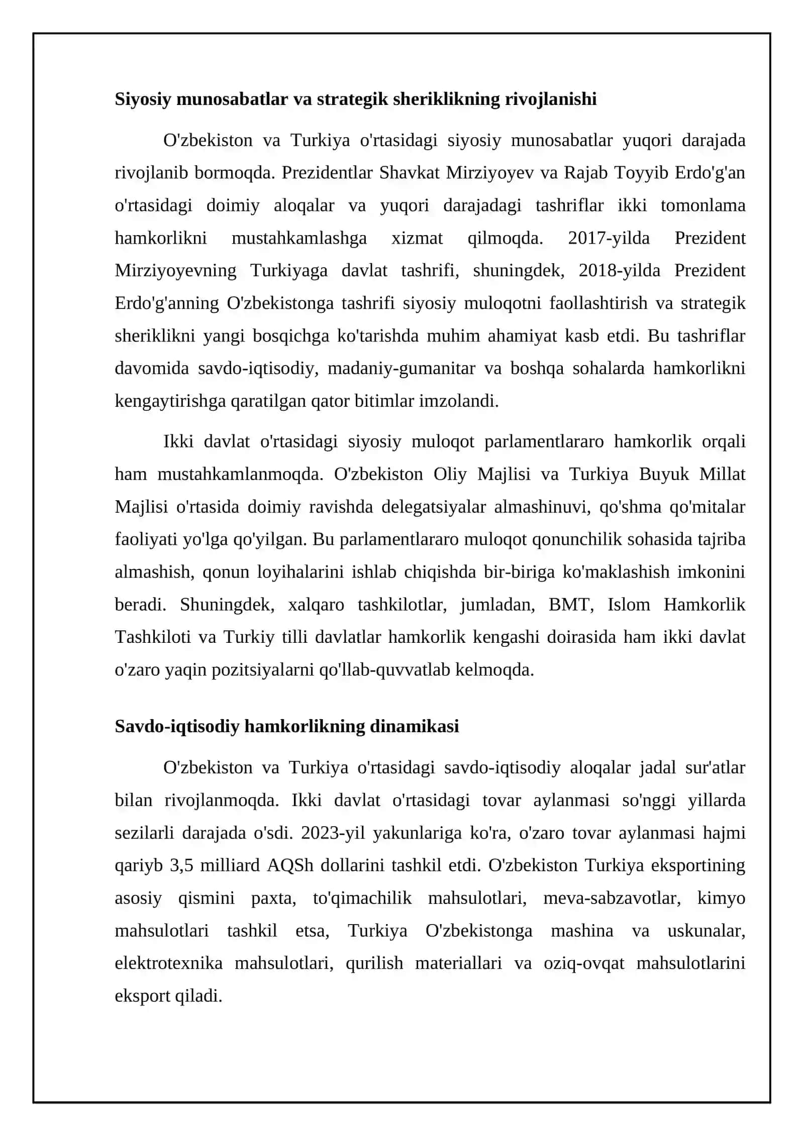 O‘zbekiston va Turkiya munosabatlari: bugungi holati, muammolari va rivojlanish tendensiyalari 4