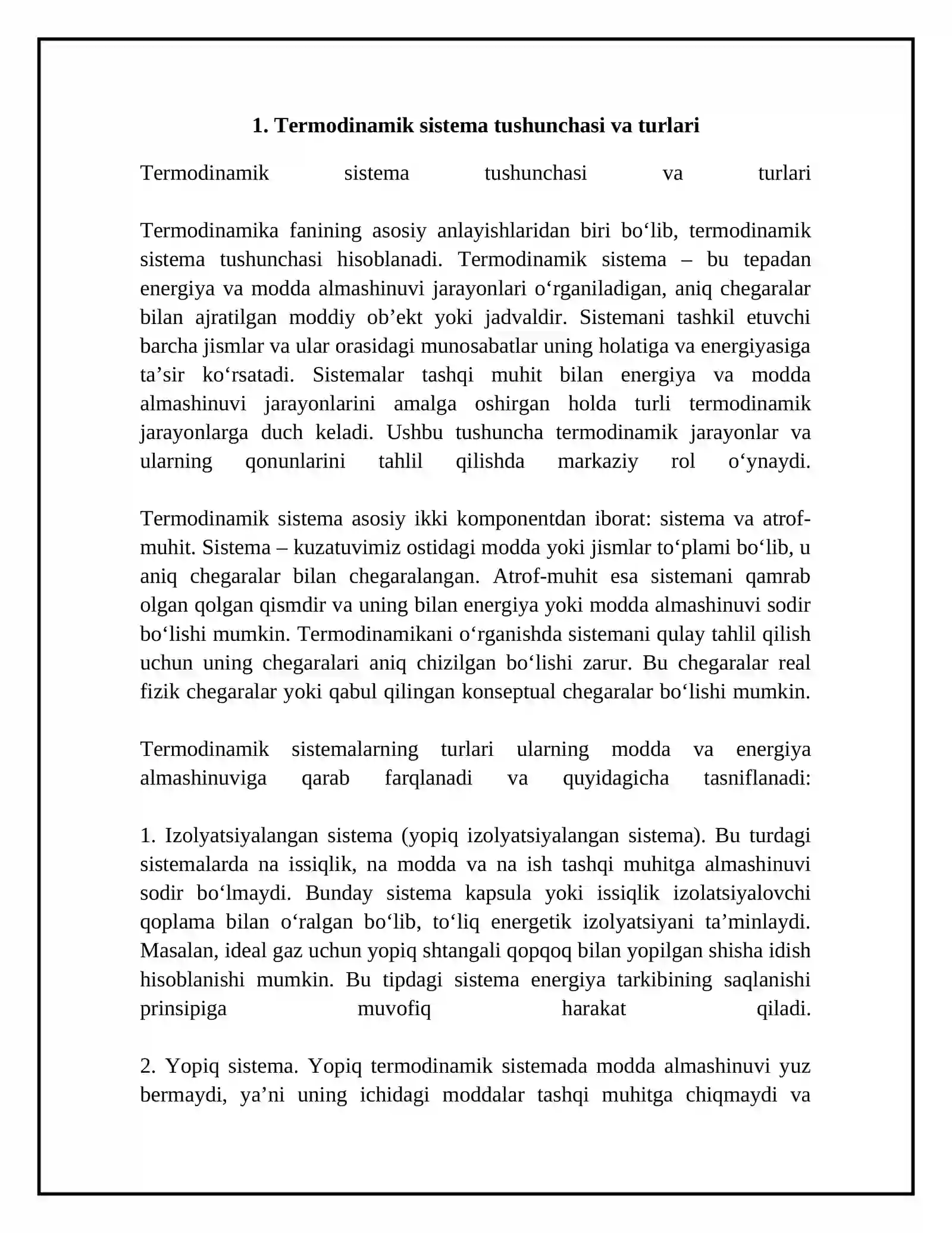 Termodinamik sistema, holat parametrlari va muvozanat 4