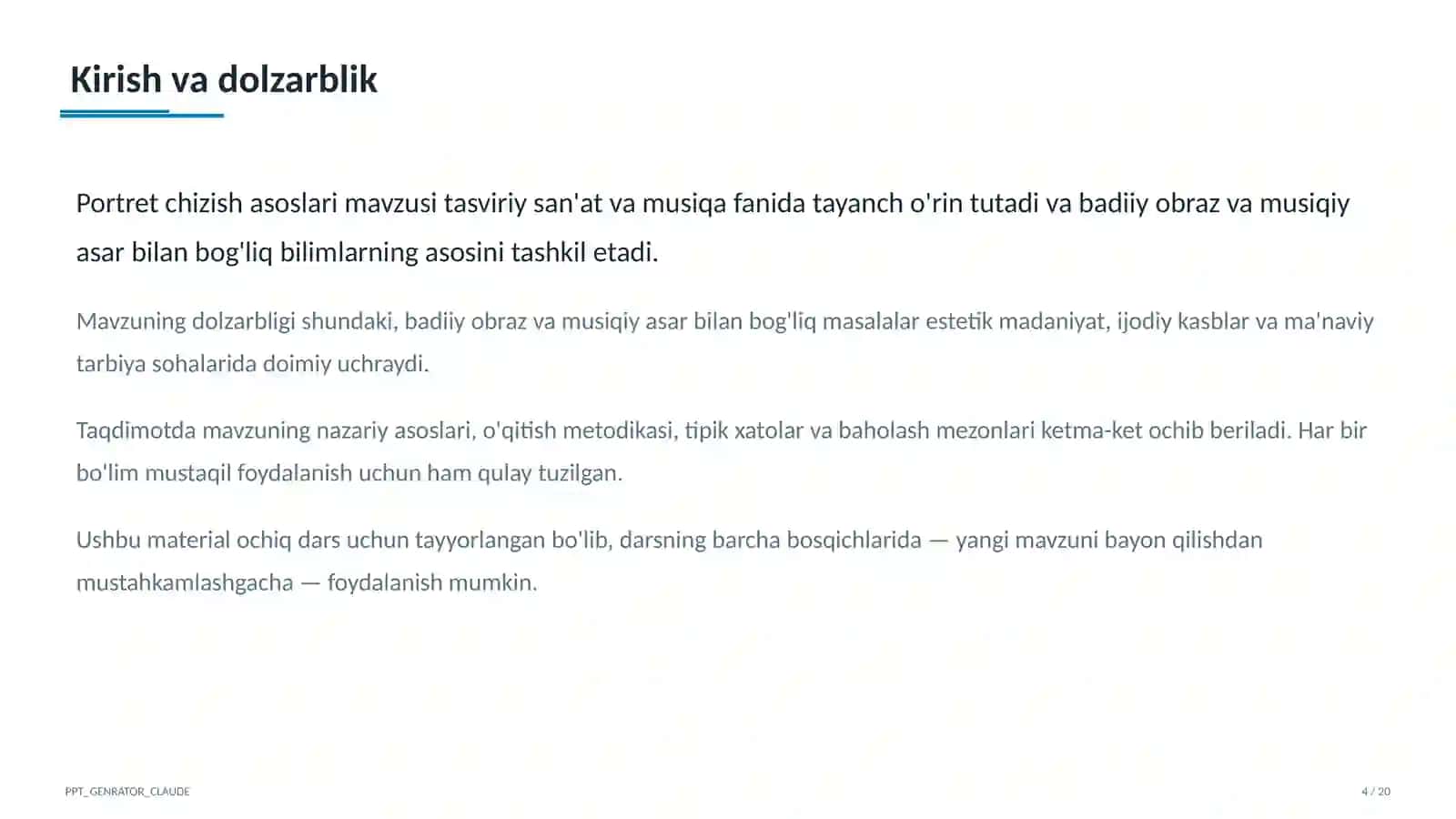 Tasviriy san'at va musiqa (1–7) — ochiq dars uchun 4