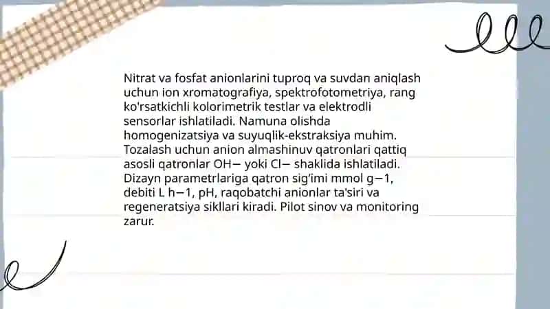 Tuproq va suvning ifloslanishida ion bog’lanishli birikmalarni aniqlab, ulardan tozalash usulini ishlab chiqish 4