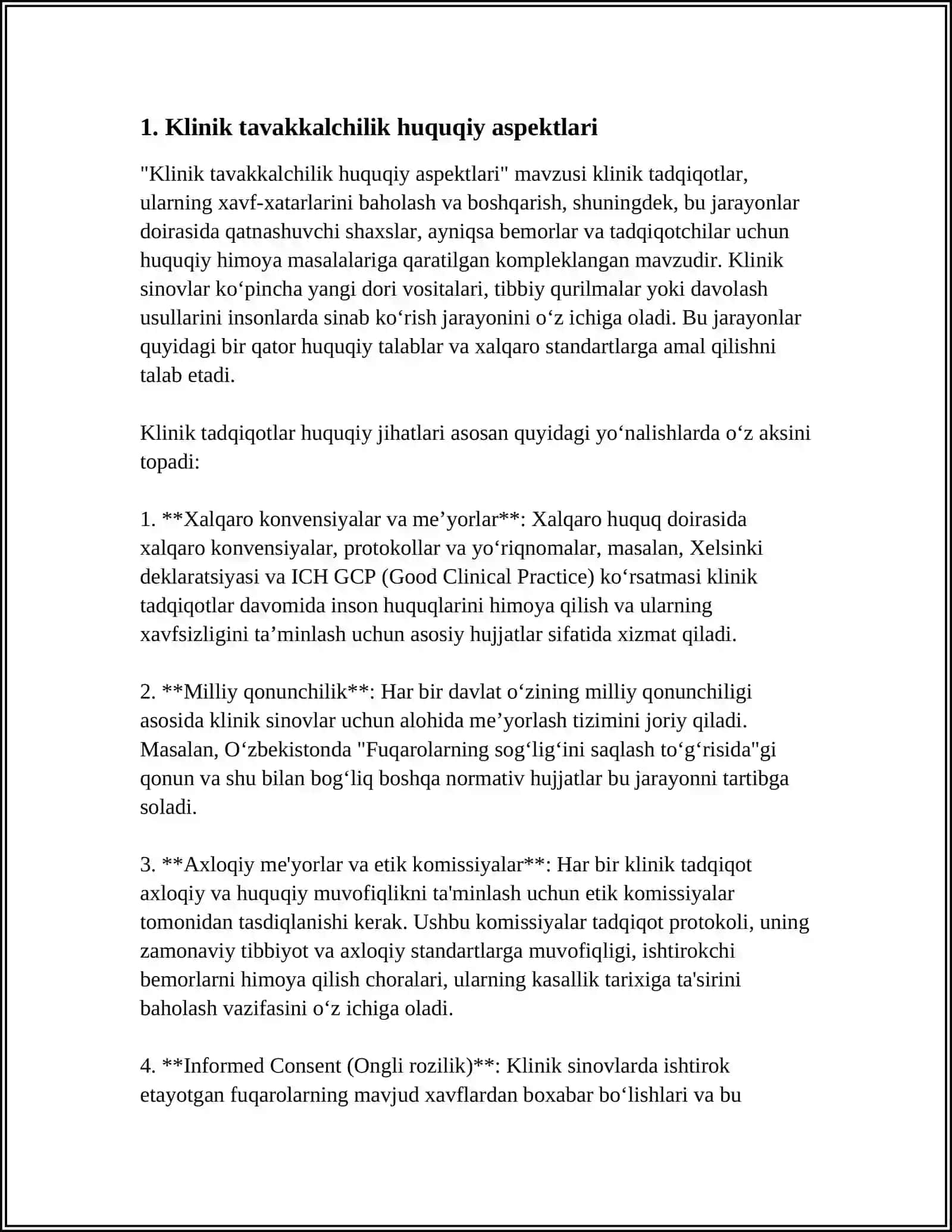 KLINIK TAVAKKALCHILIKNING AHLOQIY -HUQUQIY JIHATLARI. TIBBIYOT MUASSASALARIDA XAVFSIZLIKNI TA’MINLASH 4