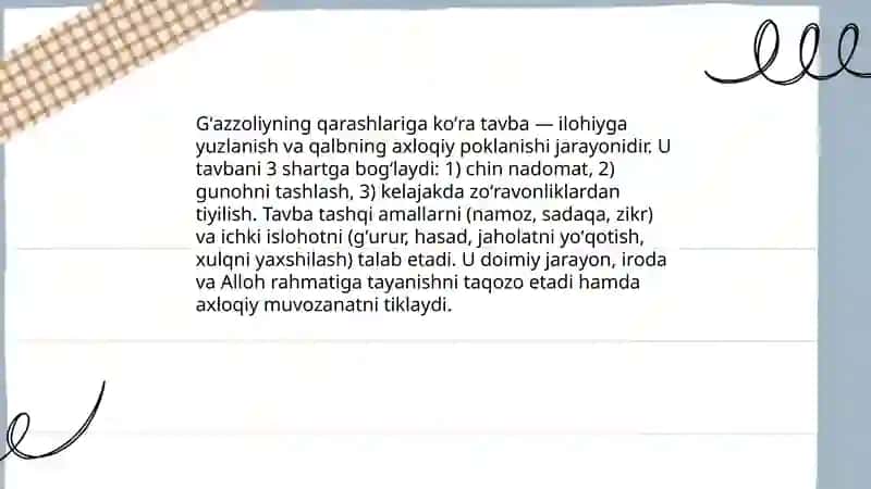 Gʻazzoliyning Tovba asari asosida "Din va axloq" 4