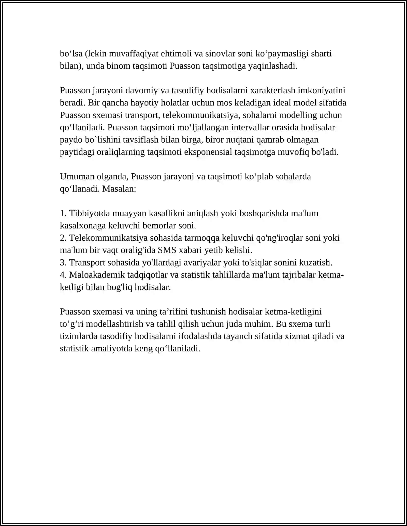 BOG’LIQSIZ TAJRIBALAR KETMA-KETLIGINING PUASSON SXEMASI.BOG’LIQSIZ TAJRIBALAR KETMA-KETLIGI 4