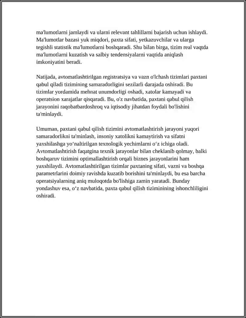 Paxtani Qabul Qilish Tizimni va Buntlangan Paxtani Saqlash Jarayonini Avtomatlashtirish 4