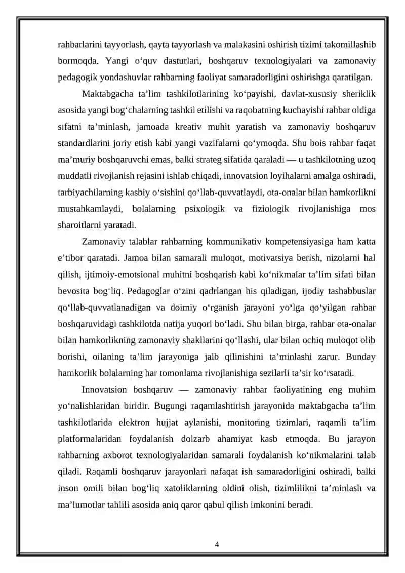 Maktabgacha talim tashkiloti rahbariga qoyiladigan zamonaviy talablar va ularning amaliy tatbiqi. 4