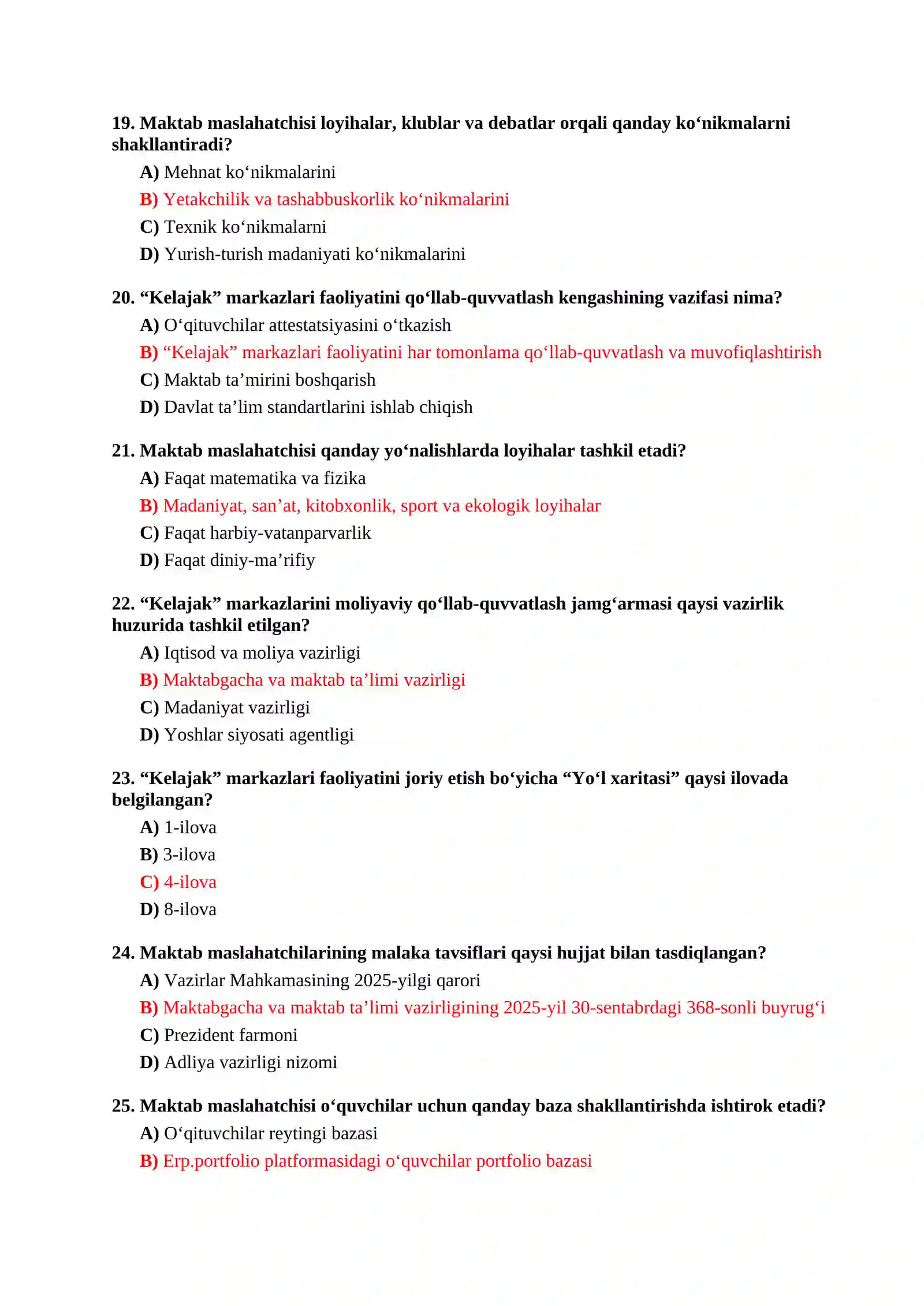 MAKTAB MASLAHATCHISI LAVOZIMI UCHUN TEST SAVOLLARI TO‘PLAMI 4