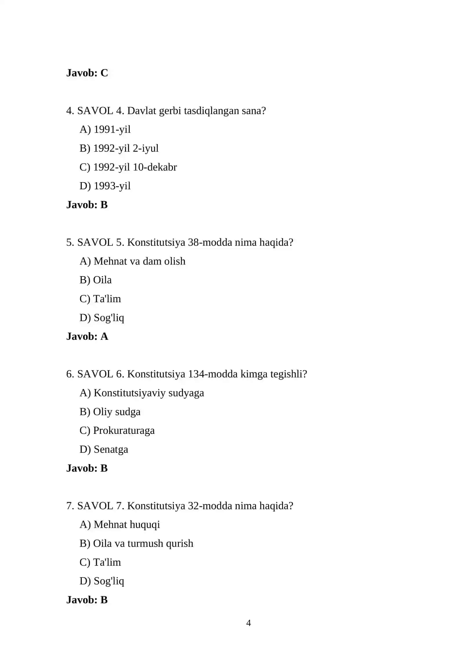 ARGOS MILLIY QONUNCHILIK 2026 1000 TA QONUNCHILIK TEST SAVOLLARI VA JAVOBLARI 4