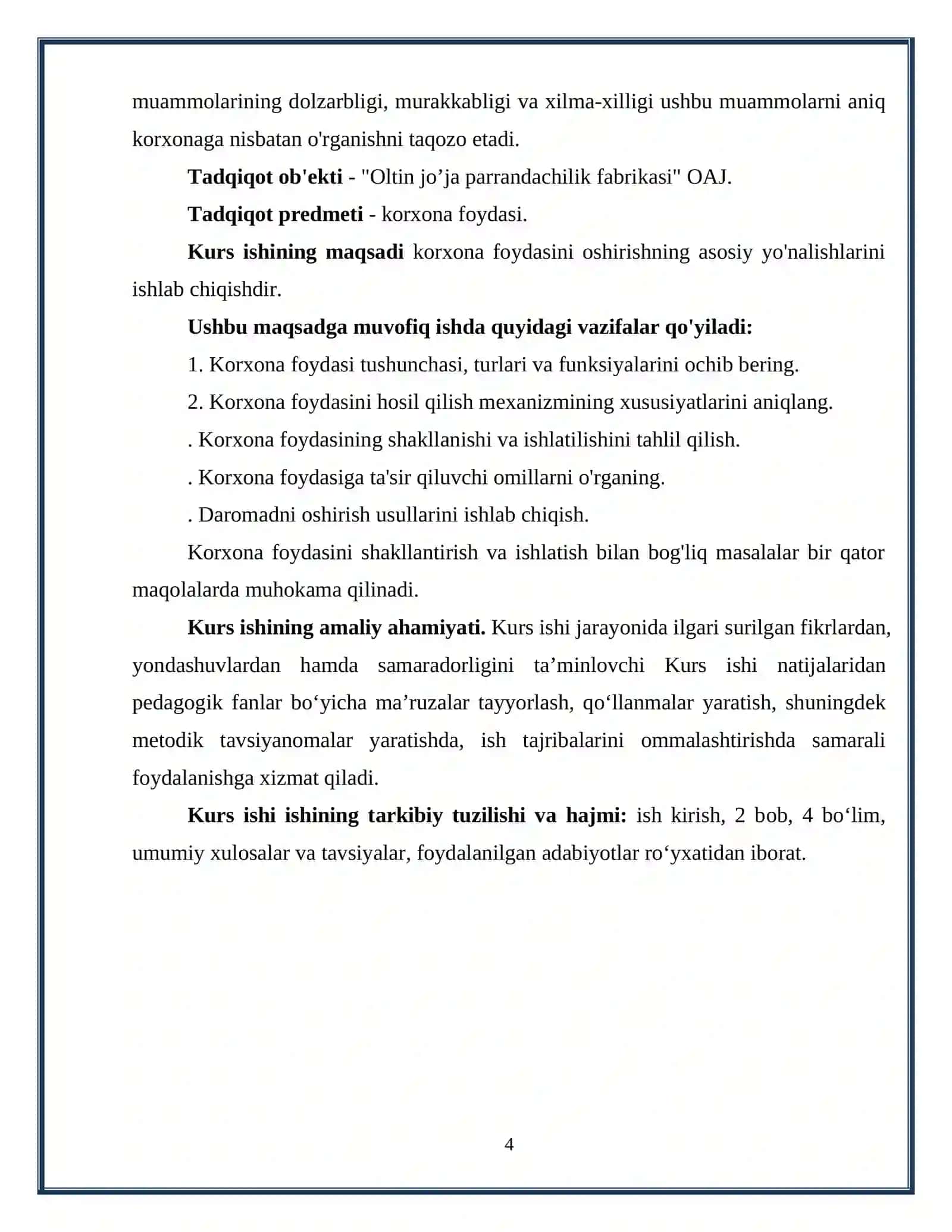 Kurs ishi: Korxona Foydasini Shakllantirish va Undan Samarali Foydalanish Yo'llari 4