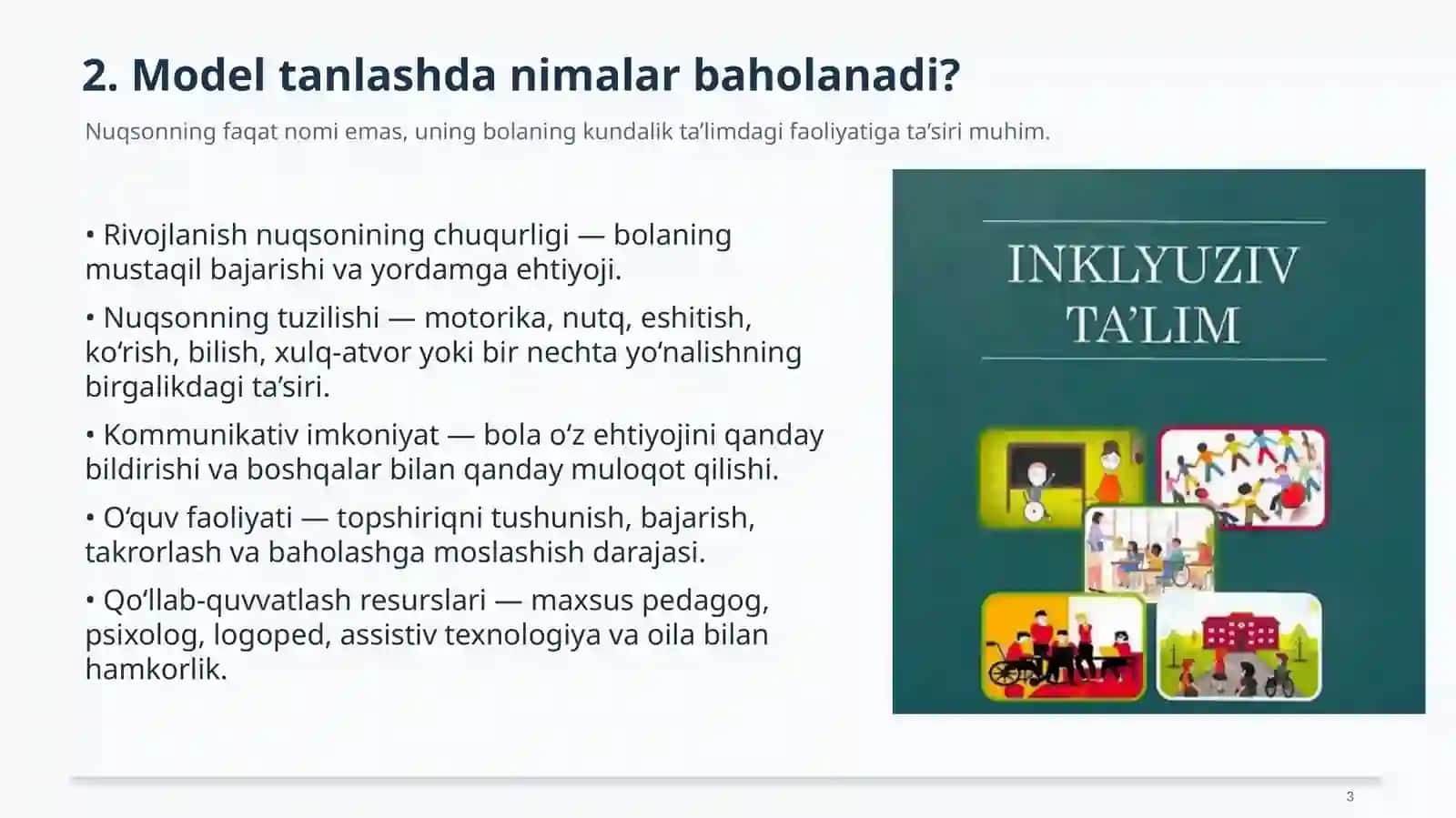 Alohida yordamga muhtoj bolalarda rivojlanish nuqsonining chuqurligi va tuzilishiga qarab inklyuziya modellarini tanlash 4
