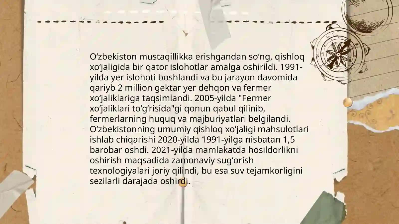 Yangi Oʻzbekistonda amalga oshirilayotgan maʼnaviy oʻzgarishlar va mustaqillik yillarida qishloq xoʻjaligi va sanoat sohasidagi oʻzgarishlar 4