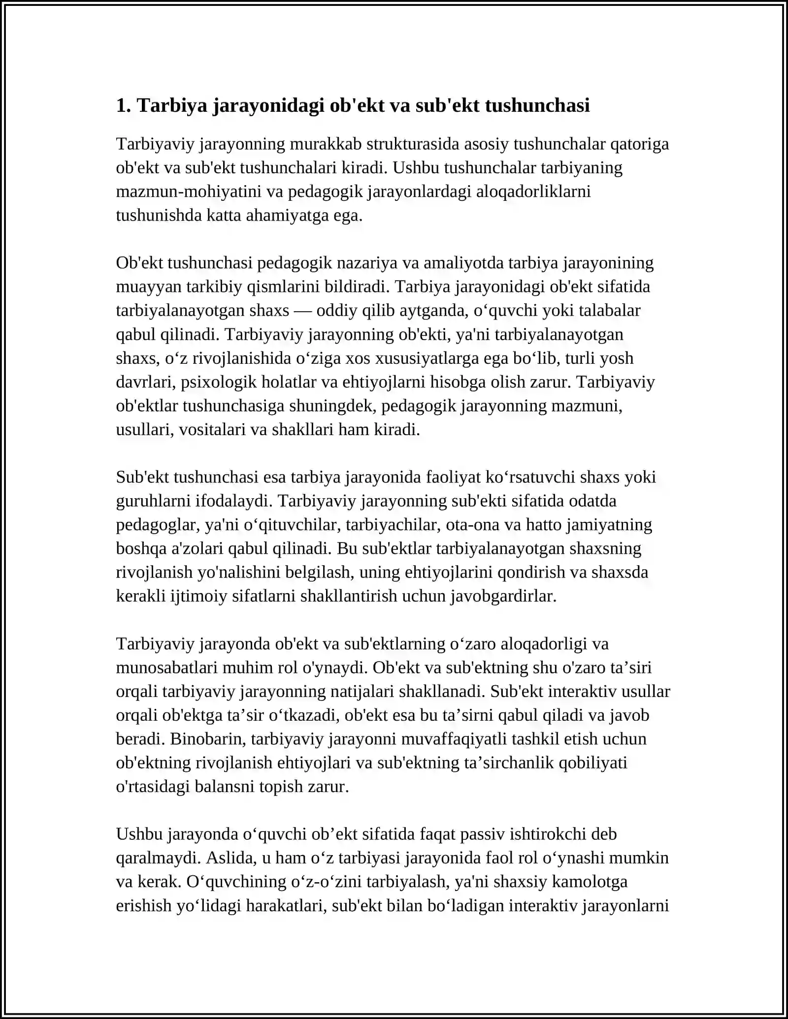 JAMOA TARBIYANING OBYEKTI VA SUBYEKTI SIFATIDA. TARBIYA TURLARI 4