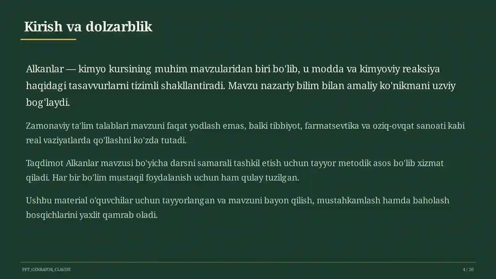 Alkanlar (10-sinf) Kimyo (7– 11) Dars rejasi 4