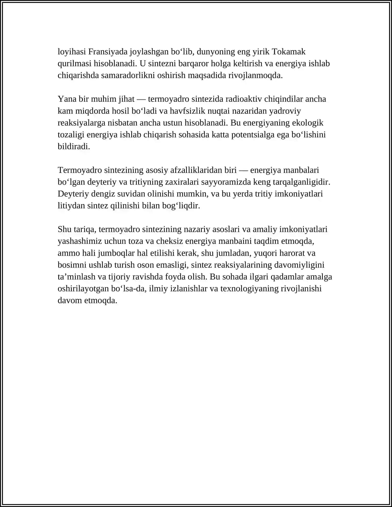 TERMOYADRO SINTEZ REAKSIYALARI BOSHQARISH MUOMMOSI 4
