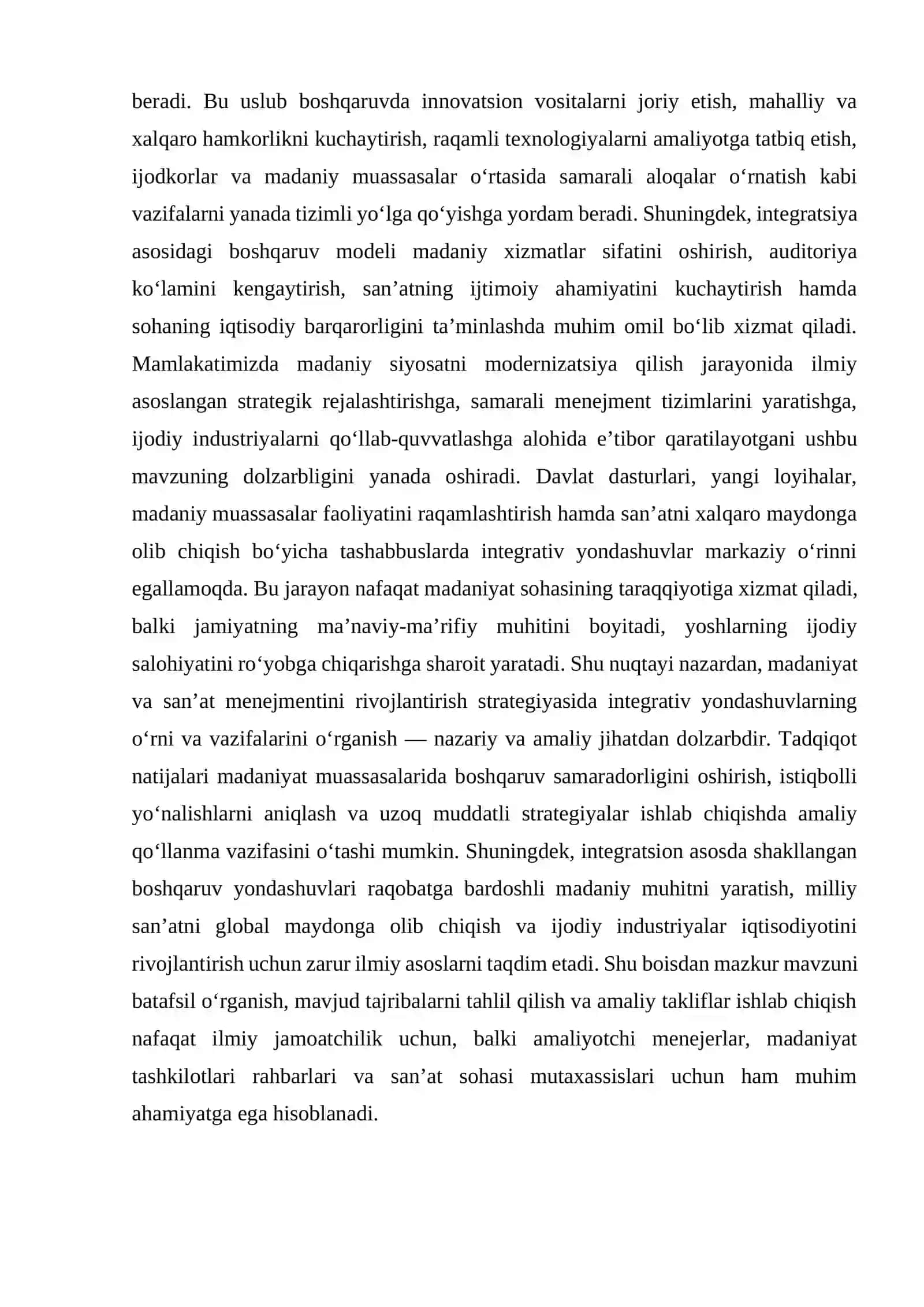 MADANIYAT VA SAN’AT MENEJMENTINI RIVOJLANTIRISH STRATEGIYASIDA INTEGRATIV YONDASHUVLARNING ROLI VA VAZIFASI 4