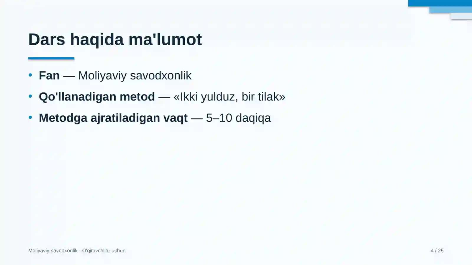 moliyaviy savodxonlik darslarida ikki yulduz bir tilak metodidan foydalanish 6602 4