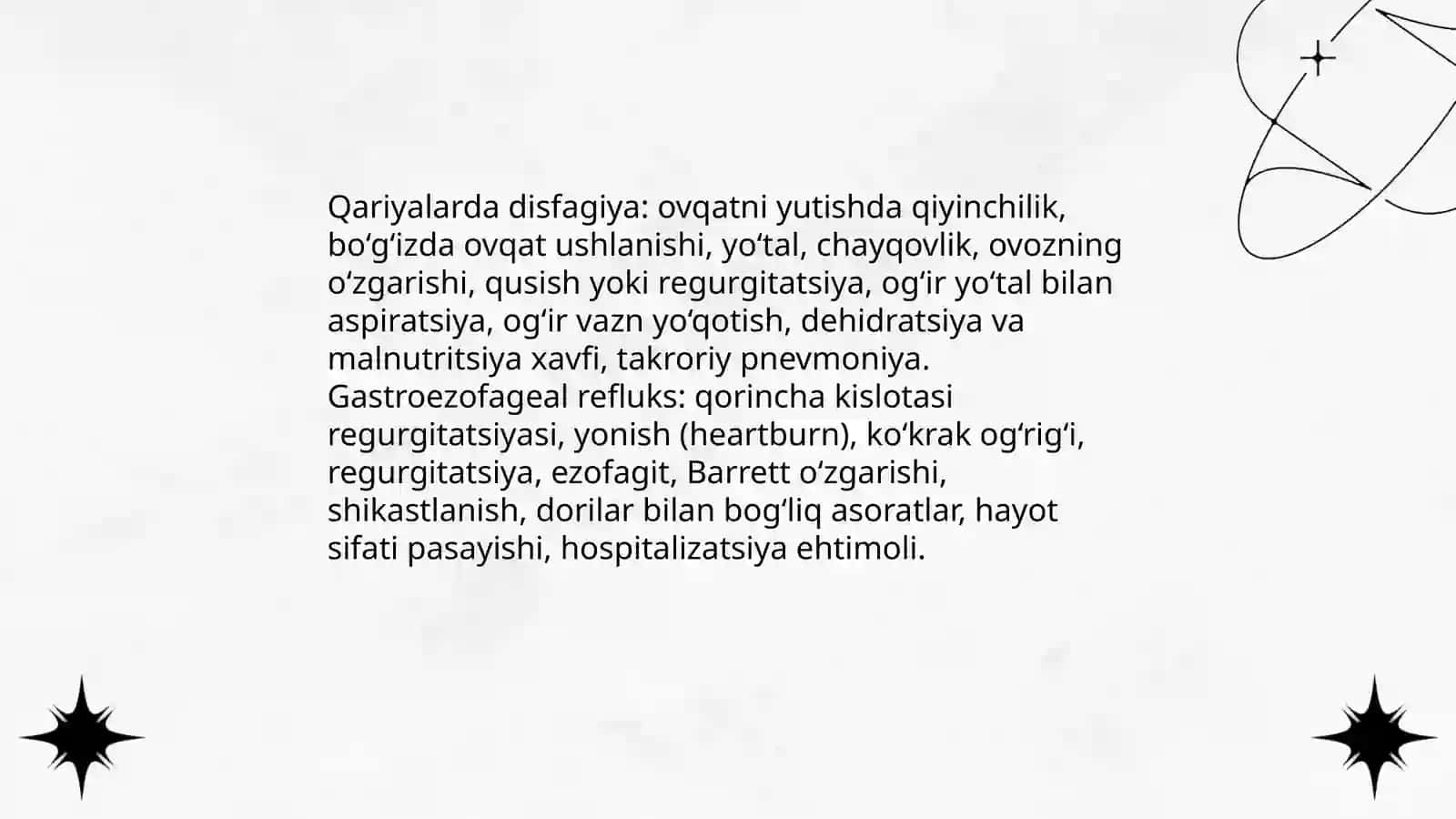 Geriatriya. Qariyalarda oshqozon-ichak trakti kasalliklari va siydik ajratish tizimi kasalliklarining qariyalarda kuzatilishi va muammolari 4