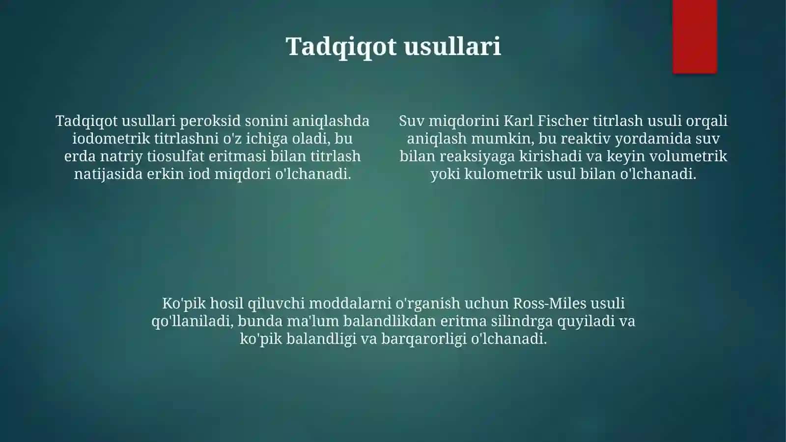 Suv va ko’pik moddalar miqdorini o’rganishtarkibidagi perekis sonini aniqlash 4