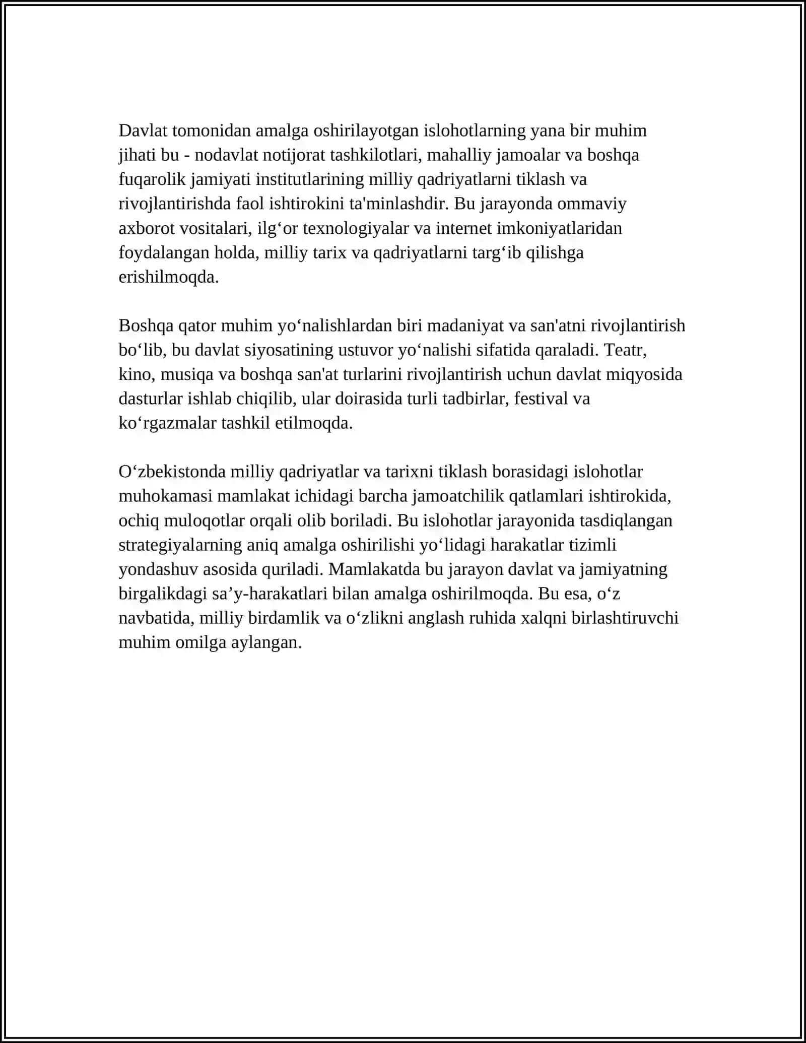 OʻZBEKISTONDA MILLIY QADRIYATLAR VA TARIXNI TIKLASH BORASIDAGI ISLOHOTLAR MAZMUNI 4