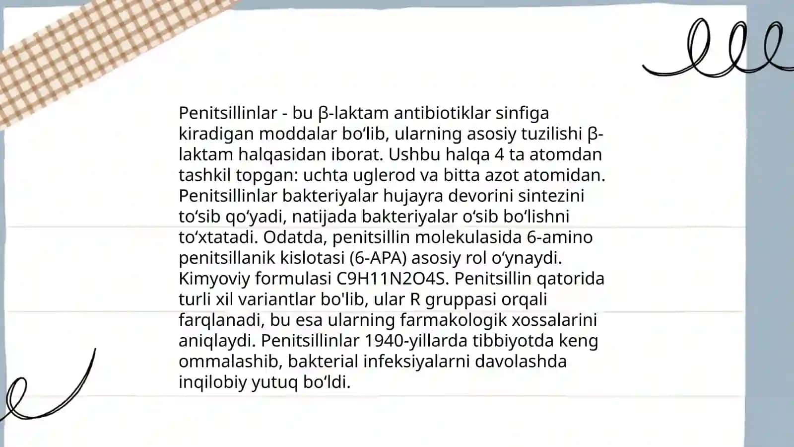 Betalaktam antibiotiklar - penitsilliniar va sefolosparinlaring tuzilishi,uruvchanligi,chinligi, reaksiyalari 4