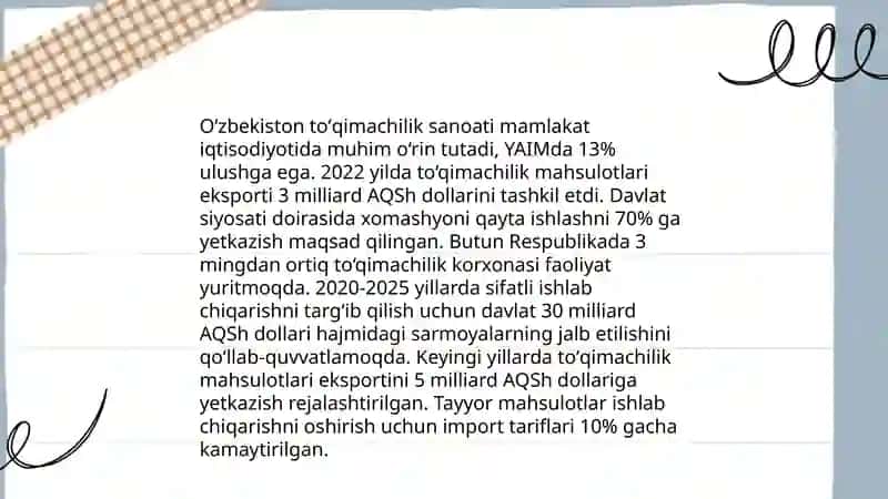 Oʻzbekistonda to'qimachilik sanoatining rivojlanishi 4