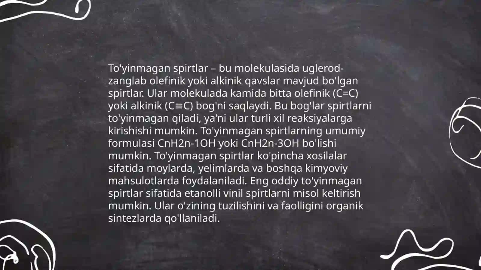 To‘yinmagan spirtlar. Olinsh xossalari. Vinil va propargir spirtlari hosilalari. Spirtlarning fiziologik xossalari 4