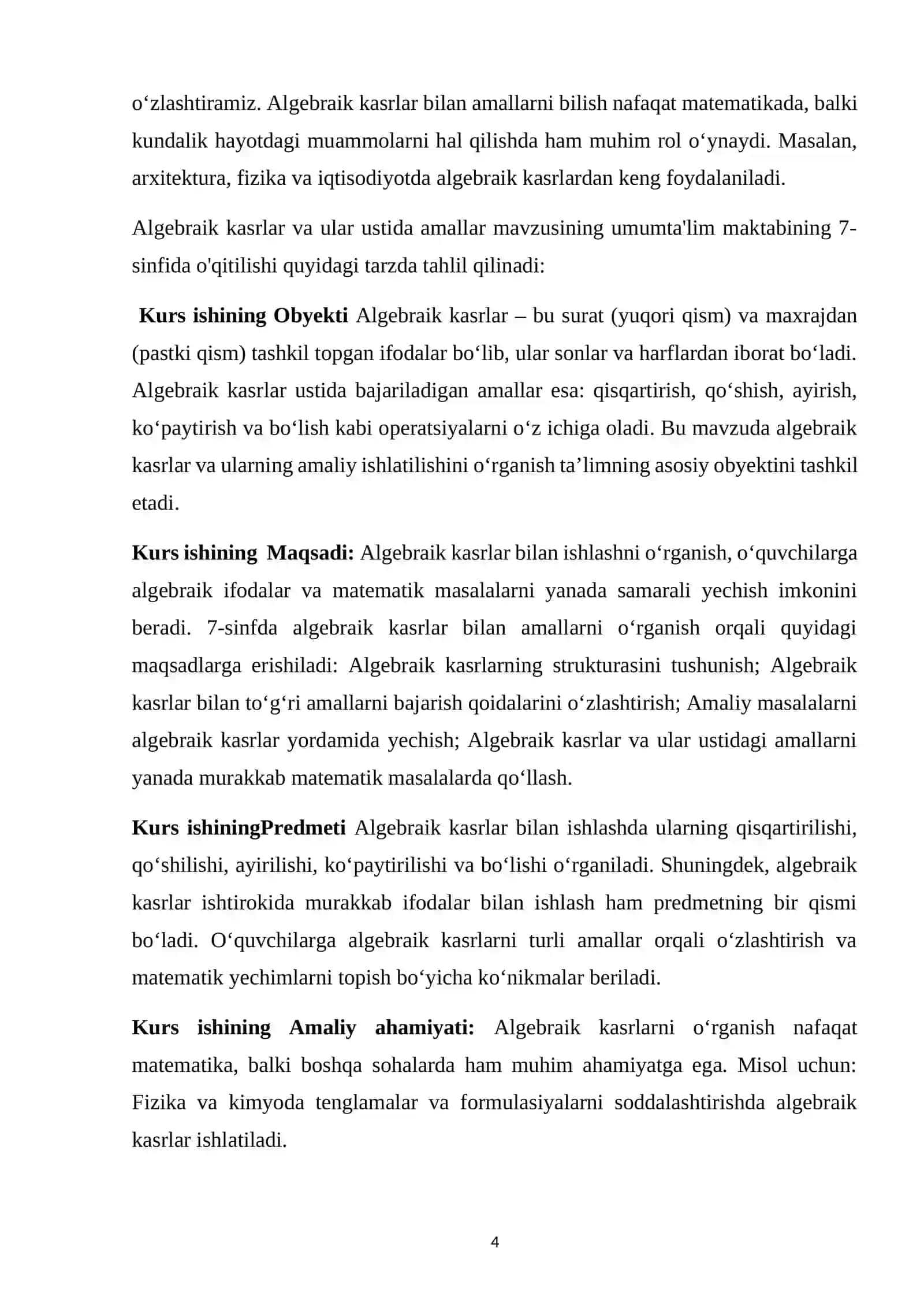Umumta'lim maktabining 7-sinfida algebraik kasrlar va ular ustida amallarning o'qitilishi 4