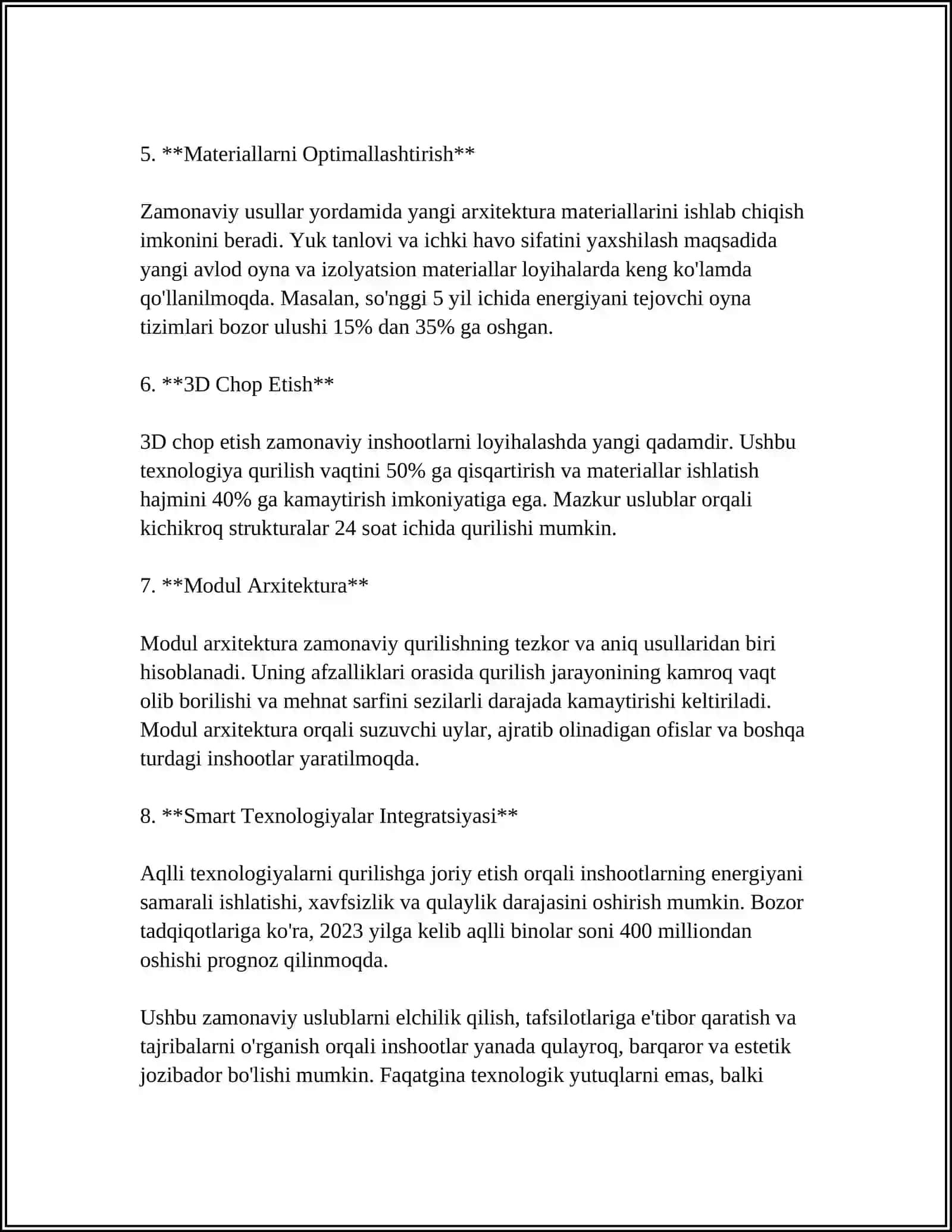 INSHOOTNI LOYIHALASH, QURISH VA ULARDAN FOYDALANISHNI TAMINLASHNI BARCHA BOSQICHLARIDA YANGI, FOYDALI USLUBLARI HAR TOMONLAMA JORIY QILISH 4