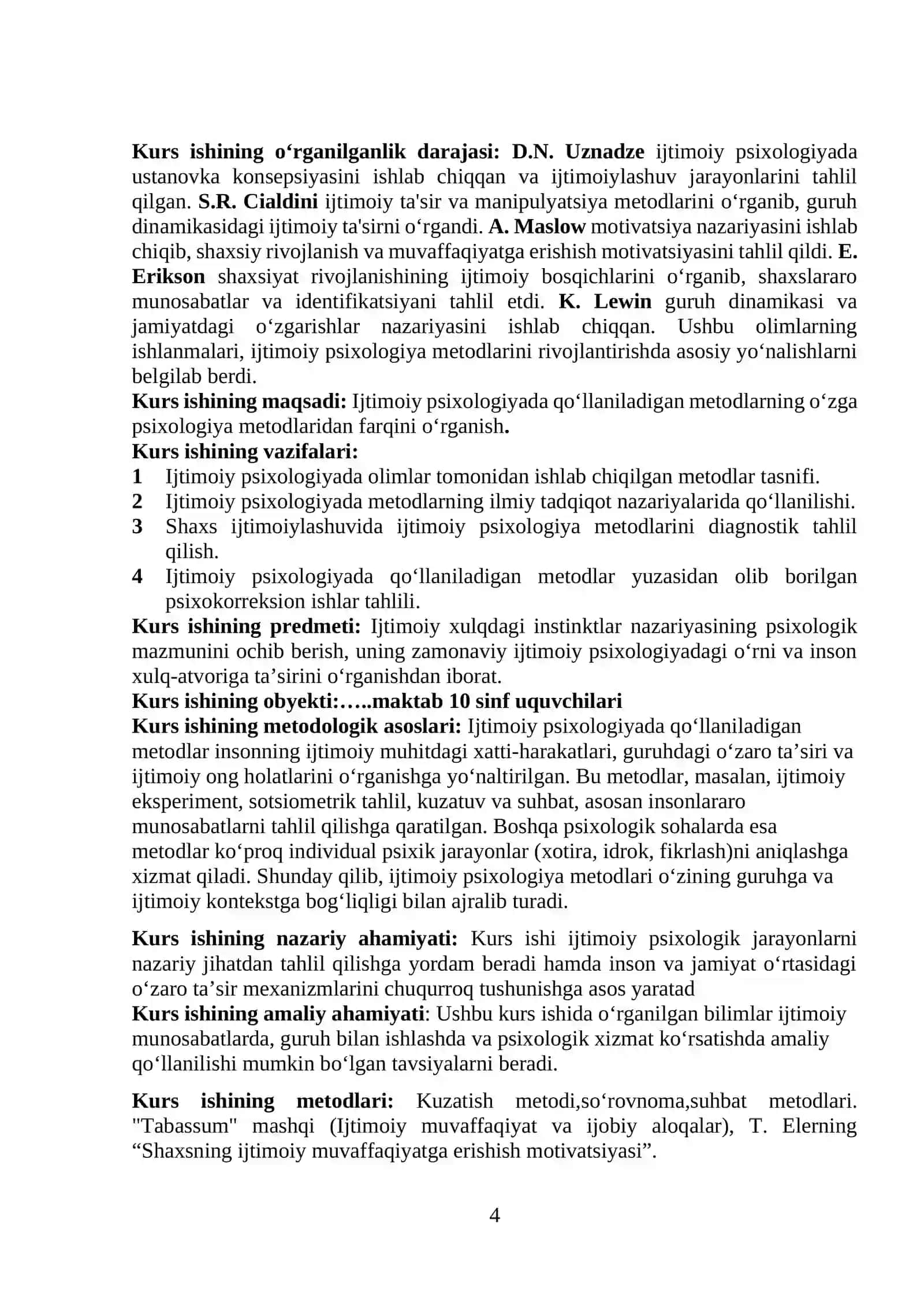KURS ISHI "Ijtimoiy psixologiyada qoʻllaniladigan metodlarning oʻzga psixologiya metodlaridan farqi" 4
