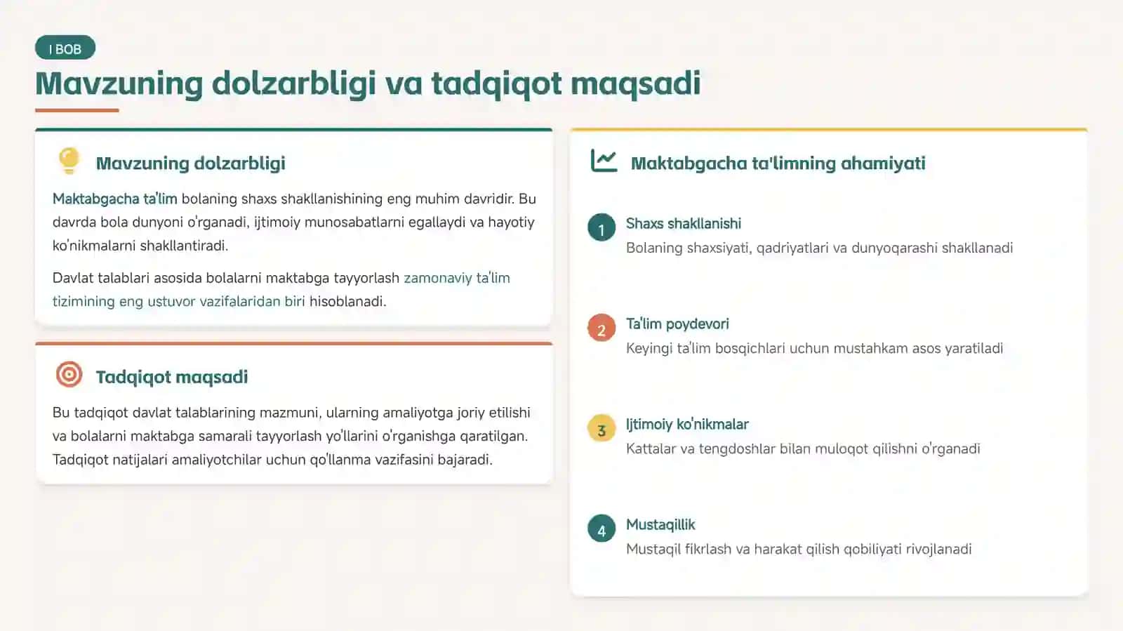 Maktabgacha ta'lim tashkilotlarida "Ilk va maktabgacha yoshdagi bolalarning rivojlanishiga qo'yiladigan davlat talablari" asosida bolalarni maktabga tayyorlash 4