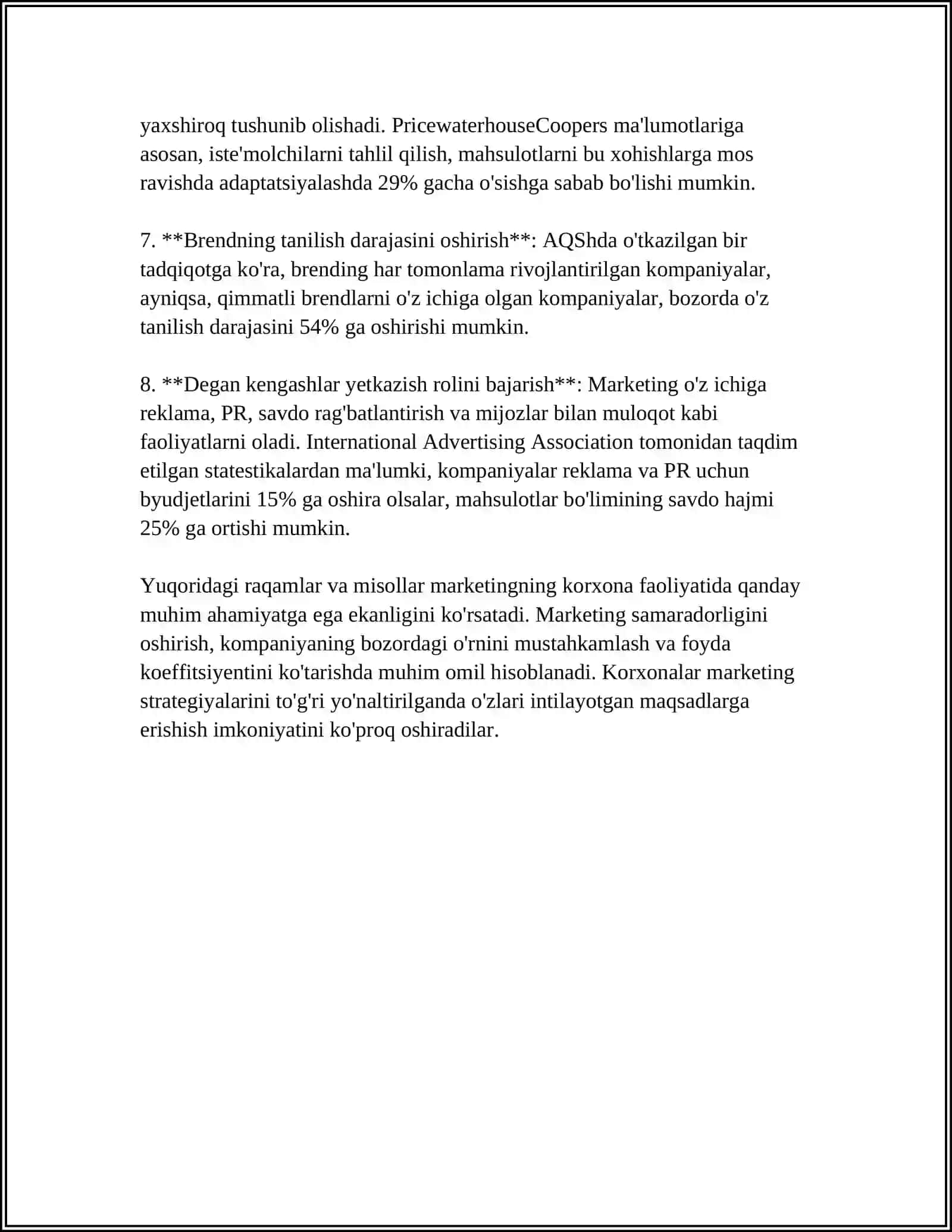 MUSTAQIL ISH Mavzu: KORXONADA MARKETING NING ROLI 4